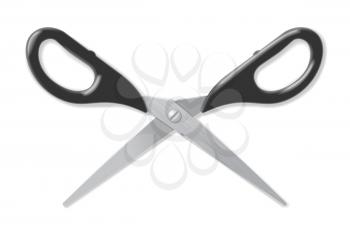 Realistic scissors with black handles. Professional or hobby tool. Detailed graphic design element. Office supply, school stationery. Isolated on white background. Vector illustration