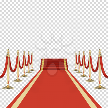 Red carpet with stairs, podium, red ropes, golden stanchions. Exclusive event, movie premiere, gala, ceremony, award concept. Blank template illustration with space for an object, person, logo or text