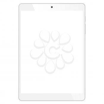Realistic tablet portable computer. Contemporary white gadget. Graphic design element for catalog, web site, as blank mockup, demonstration template. Isolated on white background. Vector illustration.