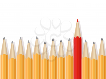 Line of simple pencils and one red pencil. Standing out of the crowd, being special, success concept. Realistic pencil border. Graphic element for flyer, poster, school invitation. Vector illustration