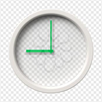 Realistic Wall Clock. Nine oclock am or pm. Transparent face. Green hands. Ready to apply. Graphic element for documents, templates, posters, flyers. Vector illustration.