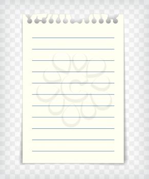 Empty lined note book page with torn edge. Paper piece with lines. Notepaper mockup. Graphic design element for text, advertisement, doodle, sketch, scrapbooking. Realistic vector illustration