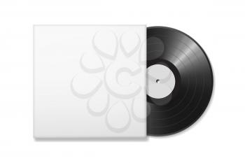 Blank vinyl disc mock up in a case. White background. Realistic empty template of a music record plate. Graphic design element for scrapbooking, musical flyer or poster, web site. Vector illustration.