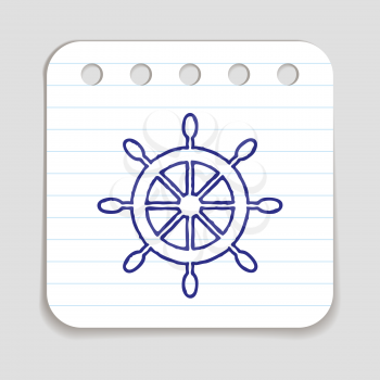 Doodle ship wheel icon. Blue pen hand drawn infographic symbol on notepaper piece. Line art style graphic design element. Web button with shadow. Nautical steering vessel concept. Vector illustration