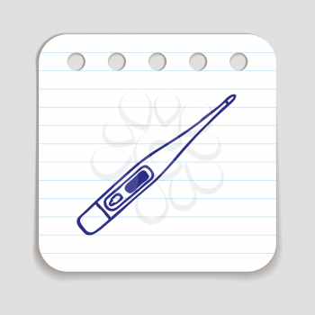 Doodle thermometer icon. Blue pen hand drawn infographic symbol on a notepaper piece. Line art style graphic design element. Web button with shadow. Vector illustration