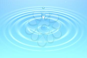 Water drop, rain drop falling on water surface. Liquid round ripple splashing with reflection. Graphic design element for poster, package, flyer. Abstract new age spiritual background, 3D illustration
