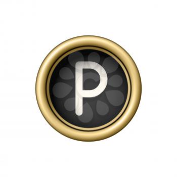 Letter P. Vintage golden typewriter button isolated on white background. Graphic design element for scrapbooking, sticker, web site, symbol, icon. Vector illustration.