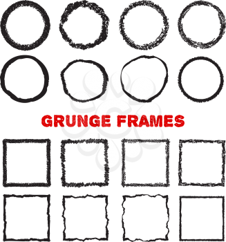 Set of hand drawn circles and suares as grunge textured frames, isolated on white background. Vector illustration.