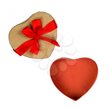 Opened cardboard gift box with red bow, heart shaped, isolated on white.
