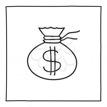 Doodle money bag icon or logo, hand drawn with thin black line. Isolated on white background. Vector illustration