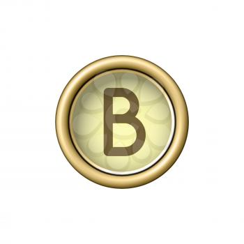 Letter B. Vintage golden typewriter button isolated on white background. Graphic design element for scrapbooking, sticker, web site, symbol, icon. Vector illustration.