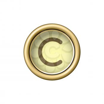Letter C. Vintage golden typewriter button isolated on white background. Graphic design element for scrapbooking, sticker, web site, symbol, icon. Vector illustration.