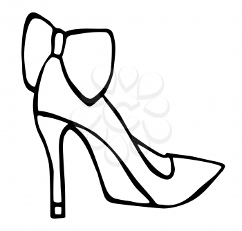 Doodle summer pumps with bow and heel hand drawn in line art style with ink brush. Vector illustration isolated on white background