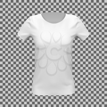 Blank mockup of white basic women t-shirt, front view, on checkered background. Vector illustration
