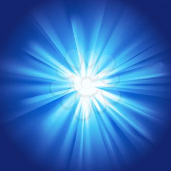Blue glowing light. Bright shining star. Bursting explosion. Transparent graphic design element. Colorful gradient rays. Glaring effect with transparency. Abstract glowing sparkle. Vector illustration