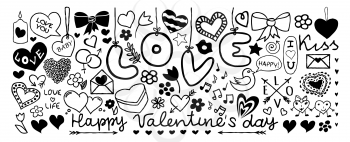Doodle banner with hearts, arrows, bows, presents, flowers etc. Design elements for Valentine's Day, wedding invitation, baby shower, birthday card etc. Vector illustration isolated on white background