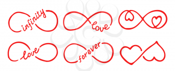 Infinity symbols with words love, infinity, forever. Thin line with calligraphy. Modern grunge outline. Graphic design element for Valentine's Day card, wedding invitation, tattoo. Vector illustration