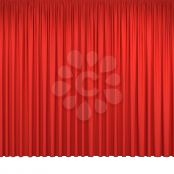 Red stage curtains isolated on white background. Realistic closed theatrical cinema drapes for interior performance event on theatrical stage or in concert hall. Vector illustration