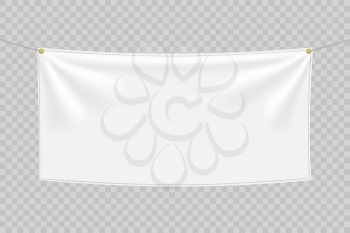 White textile banner with folds. Blank hanging fabric template, empty mockup. Vector illustration