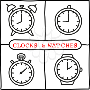 Doodle clocks and watches icons set. Hand drawn infographic symbol. Alarm and wall clocks, wrist watch and stopwatch. Line art style graphic design elements.