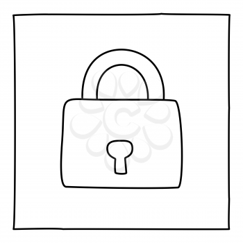 Doodle Padlock icon or logo, hand drawn with thin black line. Graphic design element isolated on white background. Vector illustration
