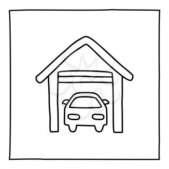 Doodle parking garage and car icon. Black white symbol with frame. Line art style graphic design element. Web button. Place for a car, parking allowed, paid garage concept. Vector illustration