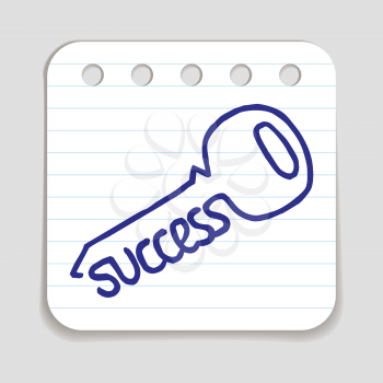 Doodle Key to Success icon. Blue pen hand drawn infographic symbol on a notepaper piece. Line art style graphic design element. Web button with shadow. Discovering secret of business success concept.