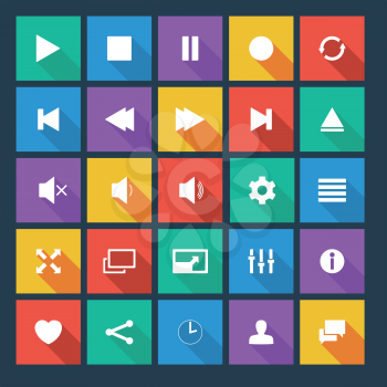 Media player flat vector icons with long shadow.