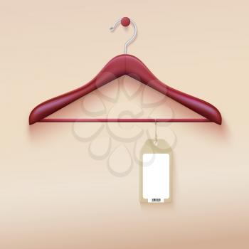Wooden clothing hanger with tag isolated on cream background. Realistic vector illustration