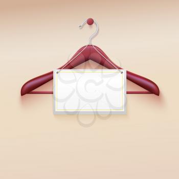 Wooden  hanger with tag isolated on cream background. Realistic vector illustration