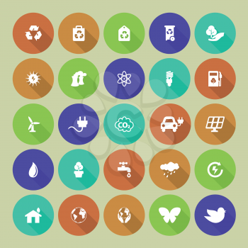 Set of colored ecology icons on round background