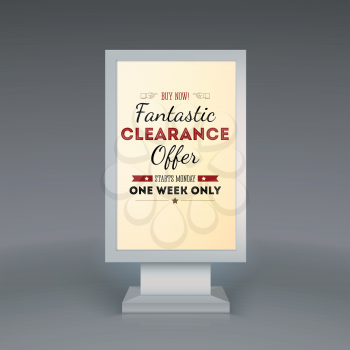 Advertising billboard with the word Fantastic clearance offer, starts in monday