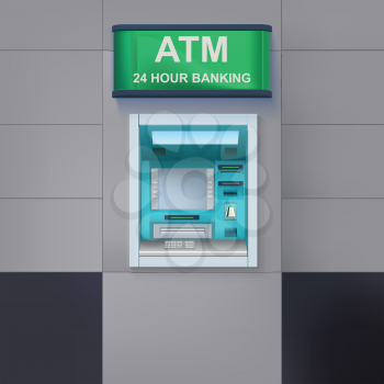 Cash-machine with a sign 24 hour banking, is located on the wall closeup. ATM icon for your design and business.