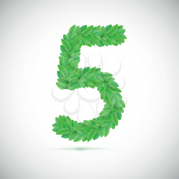 Number five, made up of green leaves, vector illustration