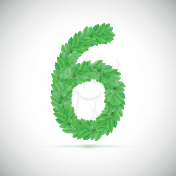Number six, made up of green leaves, vector illustration