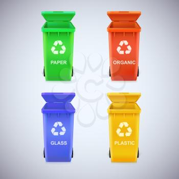 Colorful recycle bins with recycle sign. Ecological trash set, isolated