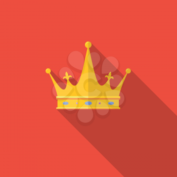 Golden crown on red background with long shadow. Flat icon.