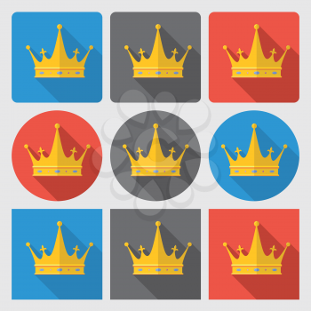 Set icons with gold crown on round and square backgrounds. Flat icon.
