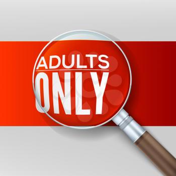 Adults only. Red banner with a magnifying glass, vector illustration.