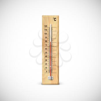 Thermometer on wooden base with celsius scale. Icon for your design.