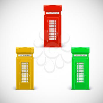 Colored telephone booths, Londone style. Vector illustration isolated on a white background