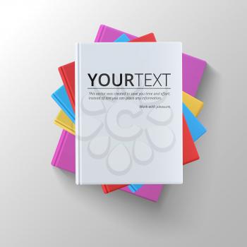 Stack of blank books, top view. Various blank color books on white background for your desing and presentation.
