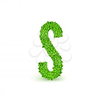 Green Leaves font. Capital letter S consisting of green leaves, vector illustration.