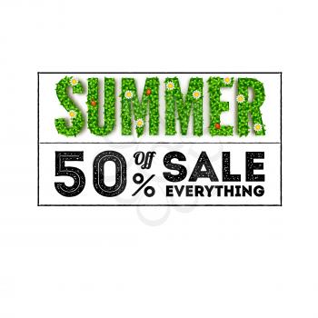 Summer sale. Large letters with green foliage and an inscription in the form of a stamp
