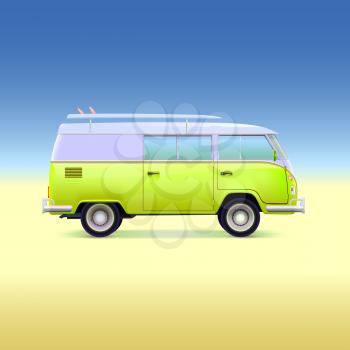 Retro bus with surf boards on summer background vector illustration.