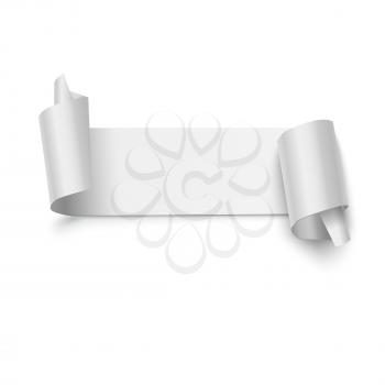 Realistic curved white paper banner, ribbon isolated on white background. Vector illustration. Background for your design.