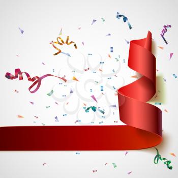 Colorful streamers with confetti. Red curved ribbon, on celebration background with colorful confetti and ribbons. New year and xmass background