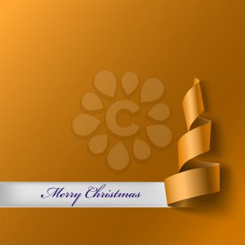 Christmas tree from ribbon. Yellow curved ribbon, on yellow background. Vector illustration for your design. New year and xmass background