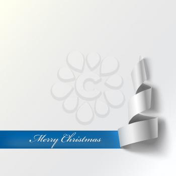 Christmas tree from ribbon. Blue curved ribbon, on white background. Vector illustration for your design. New year and xmass background