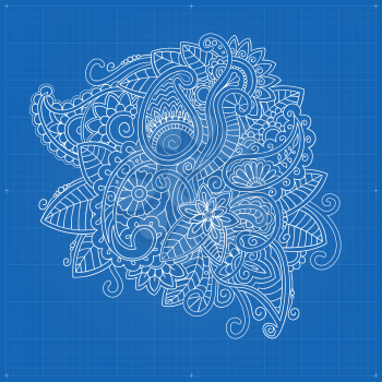 Beautiful decorative floral ornamental sketchy pattern on blueprint background, doodle style